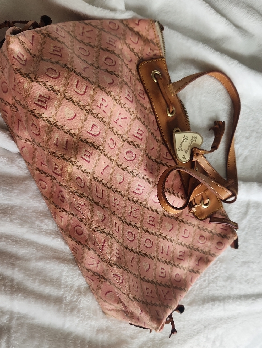 Dooney And Bourke Pink Patterned Drawstring Tote Bag with Brown Trim